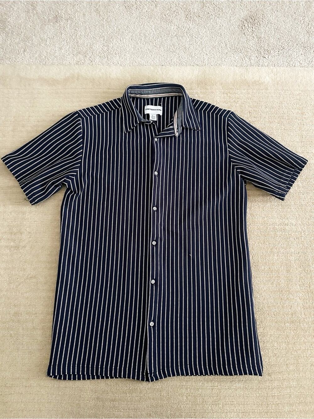 Distortion Slim Fit Navy Stripe Short Sleeve Shirt